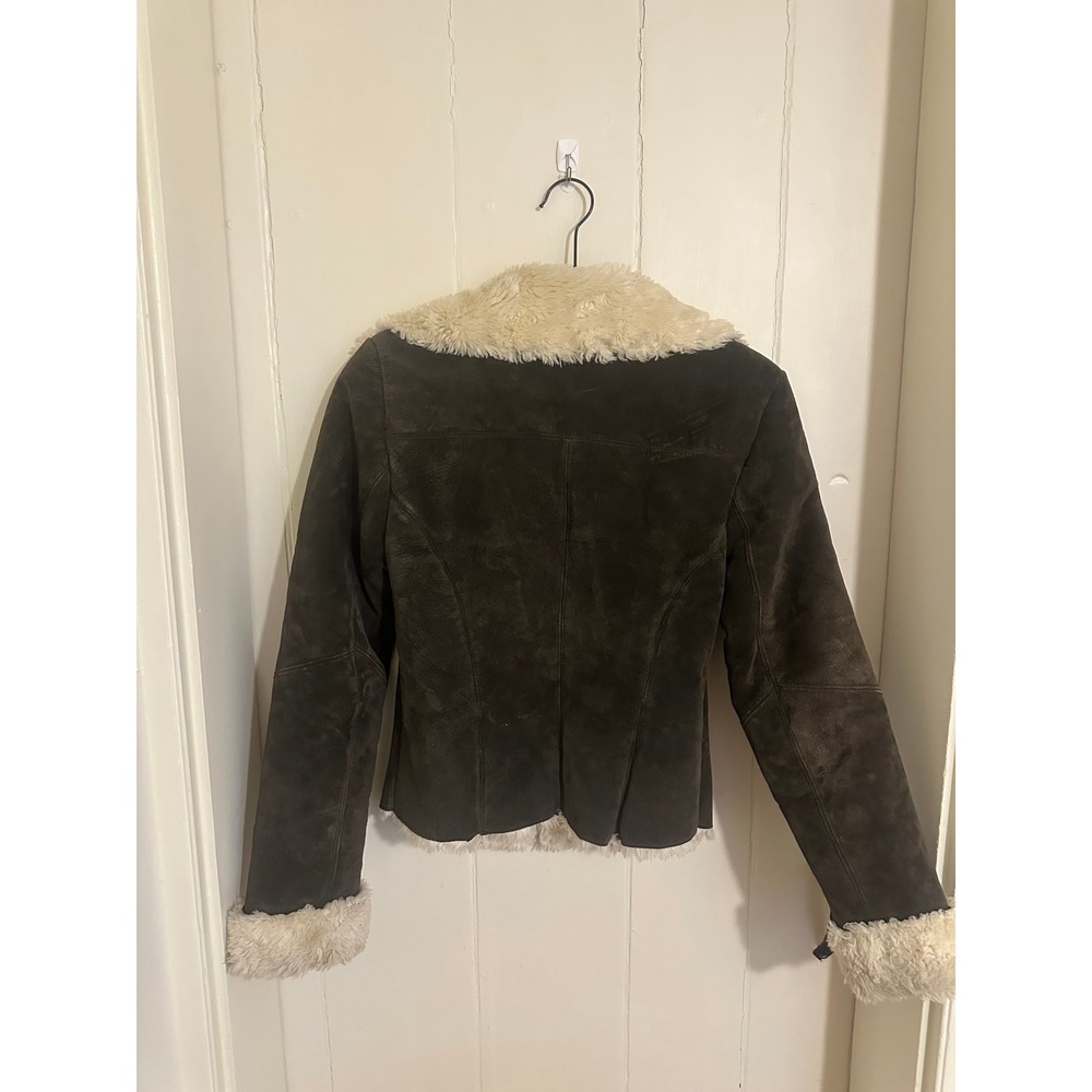 Vintage y2k 90s Express Brown Suede Leather Faux Fur Shearling Jacket Size 1/2 - Picture 6 of 6